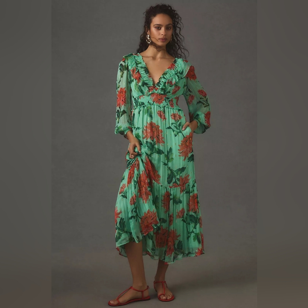 Anthropologie The Odetta Ruffled V-Neck Maxi Dress XS Floral Sea Green Chiffon